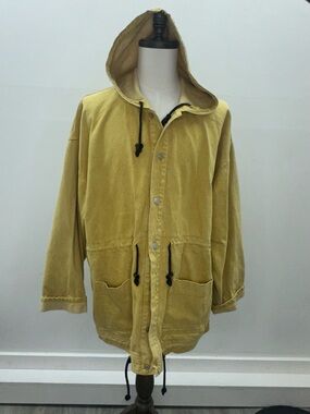 Vintage 90s CORNICHE Yellow Utility Jacket Hooded Parka Oversized Men's L
